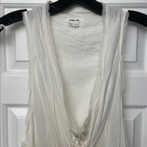 HELMUT LANG WHITE RACER BACK TUNIC TOP Button-Down SHEER FRAYED EDGES MED 1x - Picture 7 of 10